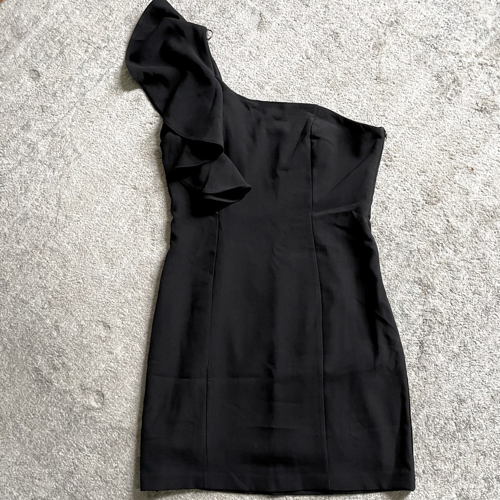 NWT black ruffle shoulder mini dress